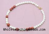 CFN561 9mm - 10mm potato white freshwater pearl & red jasper necklace