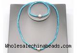 CFN617 4mm faceted round turquoise & potato white freshwater pearl jewelry set