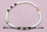 CFN714 9mm - 10mm potato white freshwater pearl & smoky quartz necklace