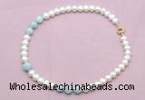 CFN716 9mm - 10mm potato white freshwater pearl & aquamarine necklace