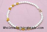 CFN729 9mm - 10mm potato white freshwater pearl & yellow banded agate necklace