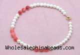 CFN730 9mm - 10mm potato white freshwater pearl & red banded agate necklace