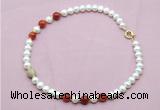 CFN731 9mm - 10mm potato white freshwater pearl & red banded agate necklace