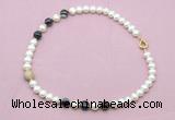 CFN733 9mm - 10mm potato white freshwater pearl & black banded agate necklace