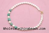 CFN738 9mm - 10mm potato white freshwater pearl & peafowl agate necklace