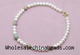 CFN761 9mm - 10mm potato white freshwater pearl & serpentine jasper necklace