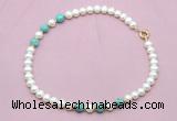 CFN762 9mm - 10mm potato white freshwater pearl & blue sea sediment jasper necklace