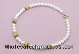 CFN765 9mm - 10mm potato white freshwater pearl & golden tiger eye necklace