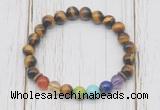 CGB6330 8mm yellow tiger eye 7 chakra beaded mala stretchy bracelets