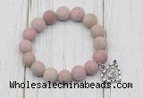 CGB6900 10mm, 12mm matte pink wooden jasper beaded bracelet with alloy pendant