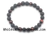 CGB8095 8mm black lava, matte black agate & red tiger eye beaded stretchy bracelets