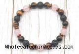 CGB8476 8mm yellow tiger eye, black lava, rose quartz & hematite power beads bracelet