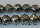 CPY110 15.5 inches 14mm faceted round pyrite gemstone beads wholesale