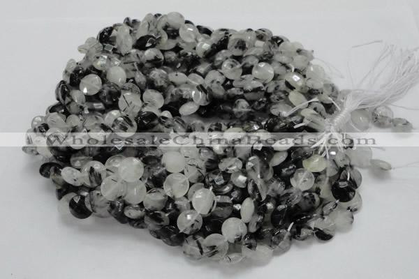 CRU03 15.5 inches 12mm faceted flat round black rutilated quartz beads