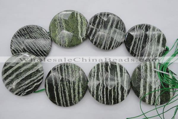 CSJ126 15.5 inches 50mm faceted coin green silver line jasper beads