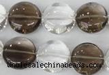 CSQ152 15.5 inches 18mm flat round white crystal & smoky quartz beads