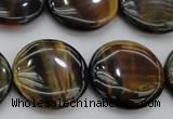 CTE1351 15.5 inches 25mm flat round yellow & blue tiger eye beads