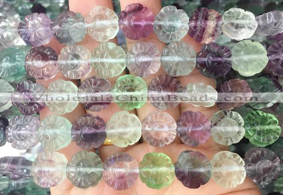 FLBS64 15 inches 12mm carved plum blossom fluorite gemstone beads wholesale