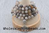 GMN1185 Hand-knotted 8mm, 10mm bamboo leaf agate 108 beads mala necklaces with charm