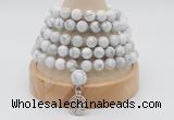 GMN1245 Hand-knotted 8mm, 10mm white howlite 108 beads mala necklaces with charm