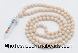 GMN1554 Knotted 8mm, 10mm white fossil jasper 108 beads mala necklace with pendant