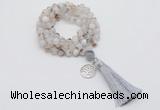 GMN1751 Knotted 8mm, 10mm montana agate 108 beads mala necklace with tassel & charm