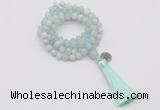 GMN1754 Knotted 8mm, 10mm sea blue banded agate 108 beads mala necklace with tassel & charm