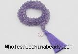 GMN1821 Knotted 8mm, 10mm amethyst 108 beads mala necklace with tassel & charm