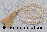 GMN200 Hand-knotted 6mm white fossil jasper 108 beads mala necklaces with tassel