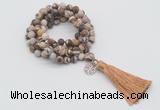 GMN2009 Knotted 8mm, 10mm matte zebra jasper 108 beads mala necklace with tassel & charm