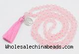 GMN2035 Knotted 8mm, 10mm matte rose quartz 108 beads mala necklace with tassel & charm