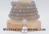 GMN2231 Hand-knotted 8mm, 10mm matte grey agate 108 beads mala necklaces with charm