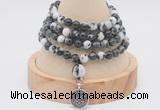 GMN2411 Hand-knotted 6mm black & white jasper 108 beads mala necklace with charm