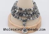 GMN2412 Hand-knotted 6mm black water jasper 108 beads mala necklace with charm