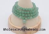 GMN2420 Hand-knotted 6mm green aventurine 108 beads mala necklace with charm