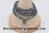 GMN2431 Hand-knotted 6mm eagle eye jasper 108 beads mala necklace with charm