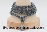 GMN2462 Hand-knotted 6mm snowflake obsidian 108 beads mala necklaces with charm