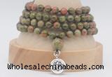 GMN2473 Hand-knotted 6mm unakite 108 beads mala necklaces with charm