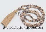 GMN315 Hand-knotted 6mm zebra jasper 108 beads mala necklaces with tassel & charm