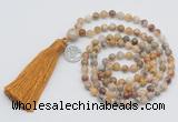 GMN323 Hand-knotted 6mm yellow crazy agate 108 beads mala necklaces with tassel & charm