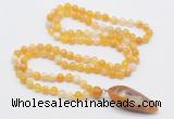 GMN4005 Hand-knotted 8mm, 10mm yellow banded agate 108 beads mala necklace with pendant