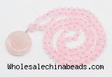GMN4650 Hand-knotted 8mm, 10mm rose quartz 108 beads mala necklace with pendant