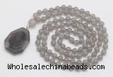 GMN4658 Hand-knotted 8mm, 10mm grey agate 108 beads mala necklace with pendant