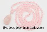 GMN4809 Hand-knotted 8mm, 10mm rose quartz 108 beads mala necklace with pendant