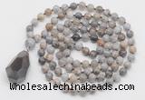 GMN4835 Hand-knotted 8mm, 10mm silver needle agate 108 beads mala necklace with pendant