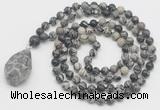 GMN4863 Hand-knotted 8mm, 10mm black water jasper 108 beads mala necklace with pendant