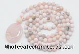 GMN5057 Hand-knotted 8mm, 10mm matte natural pink opal 108 beads mala necklace with pendant