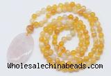 GMN5150 Hand-knotted 8mm, 10mm yellow banded agate 108 beads mala necklace with pendant