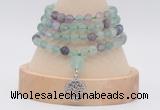 GMN5810 Hand-knotted 6mm matter fluorite 108 beads mala necklaces with charm