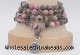 GMN5812 Hand-knotted 6mm matter rhodonite 108 beads mala necklaces with charm